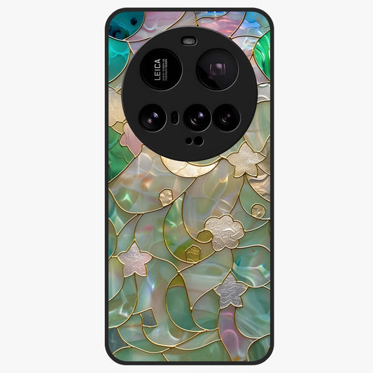 Stained Sunrise Glow Glass Case showing flat back view with glowing sunrise stained pattern artwork and glossy glass finish.