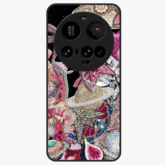 Starlit Jewel Dream Glass Case showing flat back view with sparkling jewel and star themed artwork and glossy glass finish.