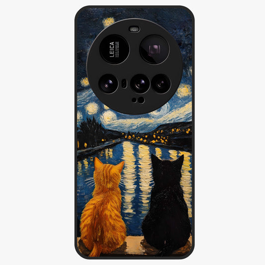Starry River Cats Glass Case showing flat back view with cats by a starry river artwork and glossy glass finish.