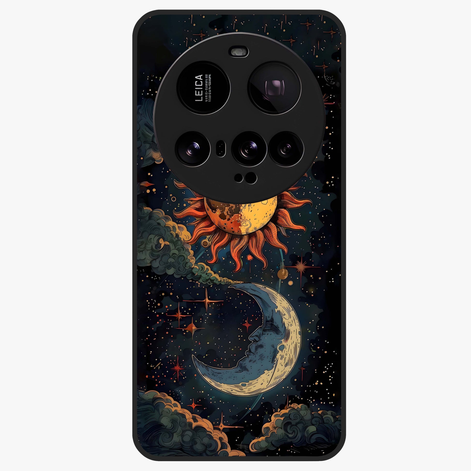 Sun And Moon Magic Design Glass Case showing flat back view with mystical sun and moon artwork and glossy glass finish.