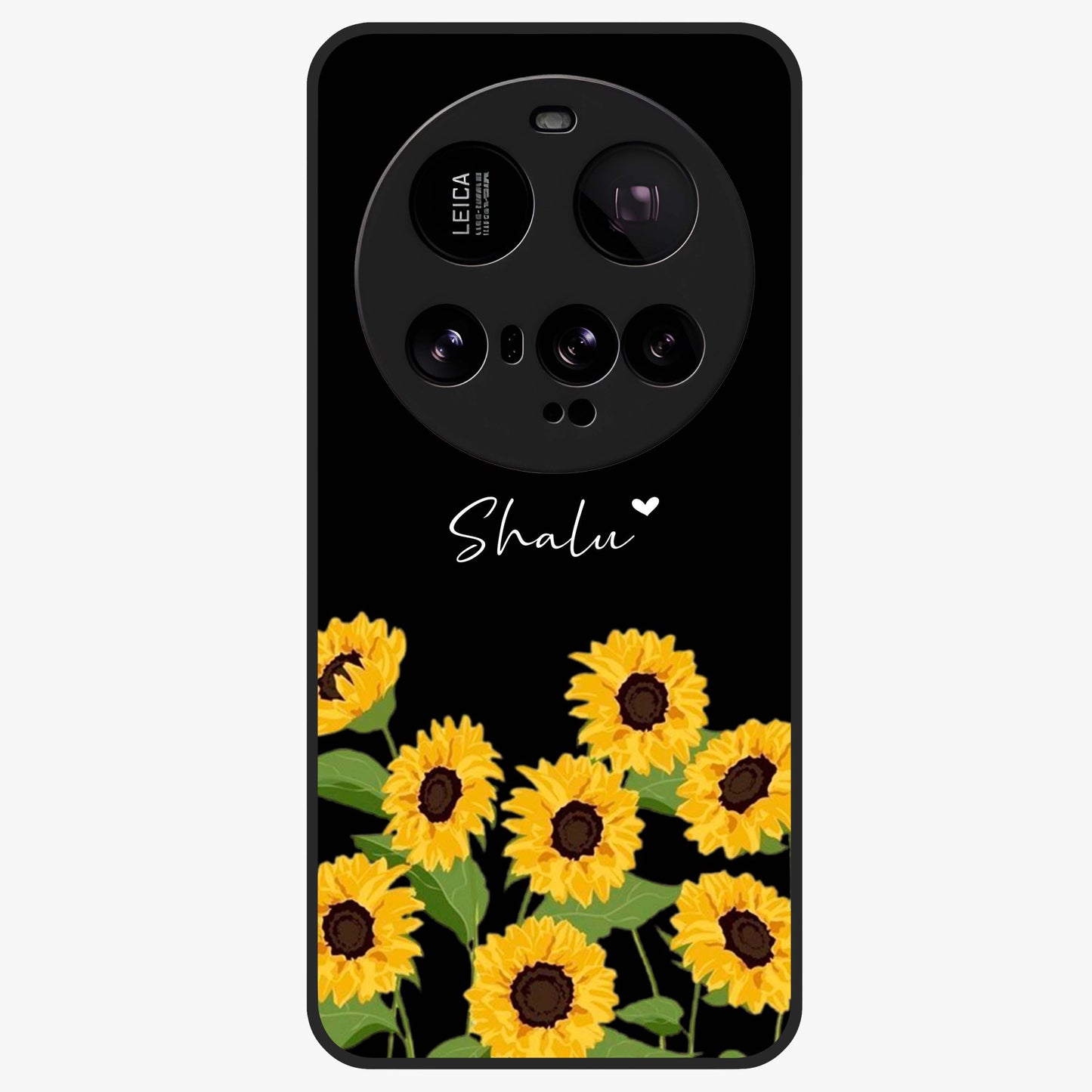 Sunflower Chic Mood Custom Name Glass Case showing flat back view with stylish sunflower artwork and personalized name design.