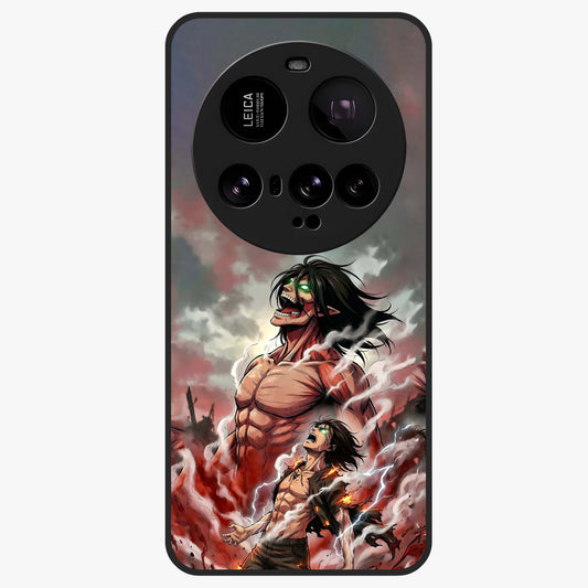 Titan Awakening Fury Glass Case showing flat back view with powerful titan inspired artwork and glossy glass finish.