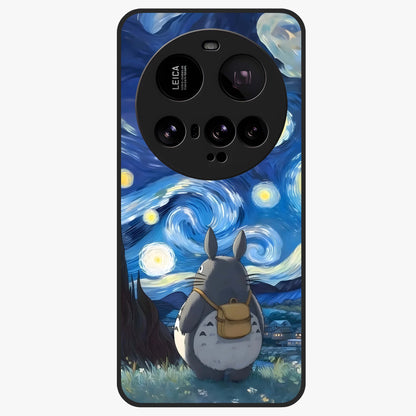 Totoro In Van Gogh Art Glass Case showing flat back view with whimsical character artwork inspired by Van Gogh style and glossy glass finish.