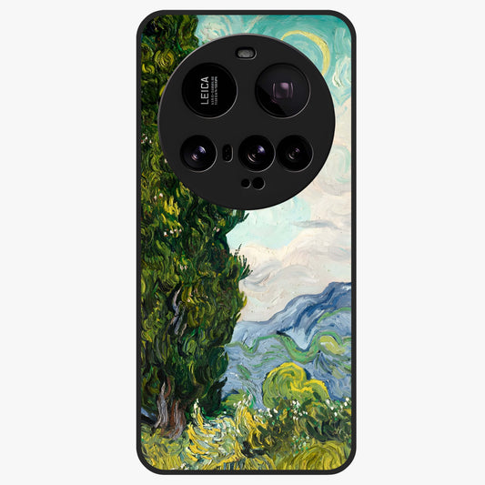 Van Gogh Vintage Art Glass Case showing flat back view with vintage painterly artwork inspired by Van Gogh style and glossy glass finish.