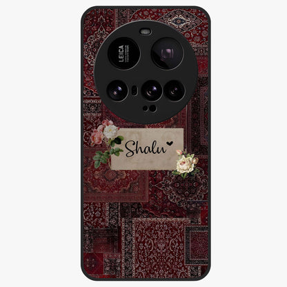 Velvet Wine Pattern Custom Name Glass Case showing flat back view with elegant wine colored pattern artwork and personalized name design.