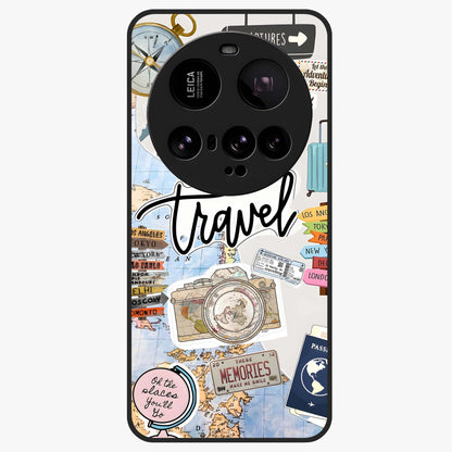 Wanderlust Journal Glass Case showing flat back view with travel inspired artwork and glossy glass finish.