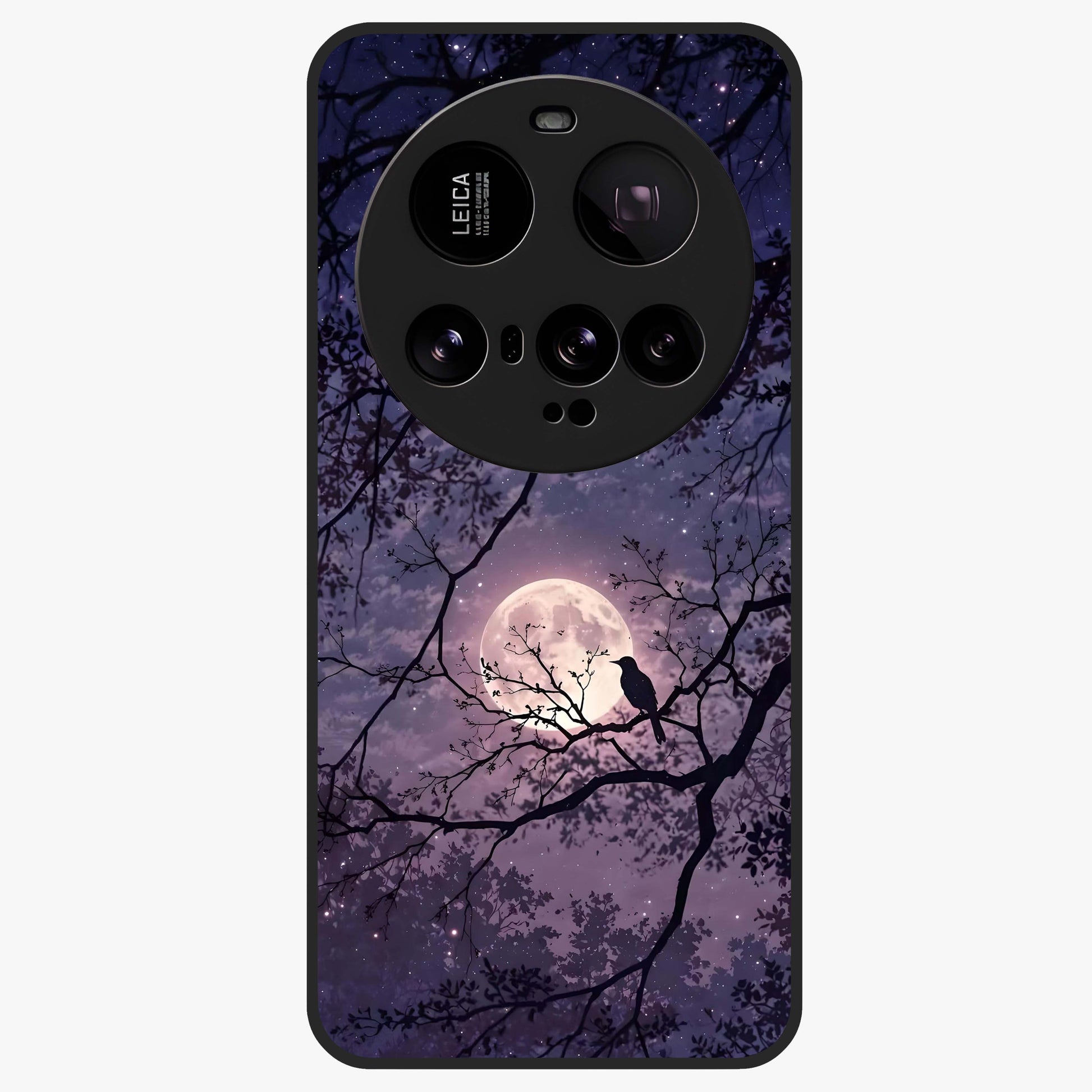 Whispering Moon Silence Glass Case showing flat back view with serene moon themed artwork and glossy glass finish.