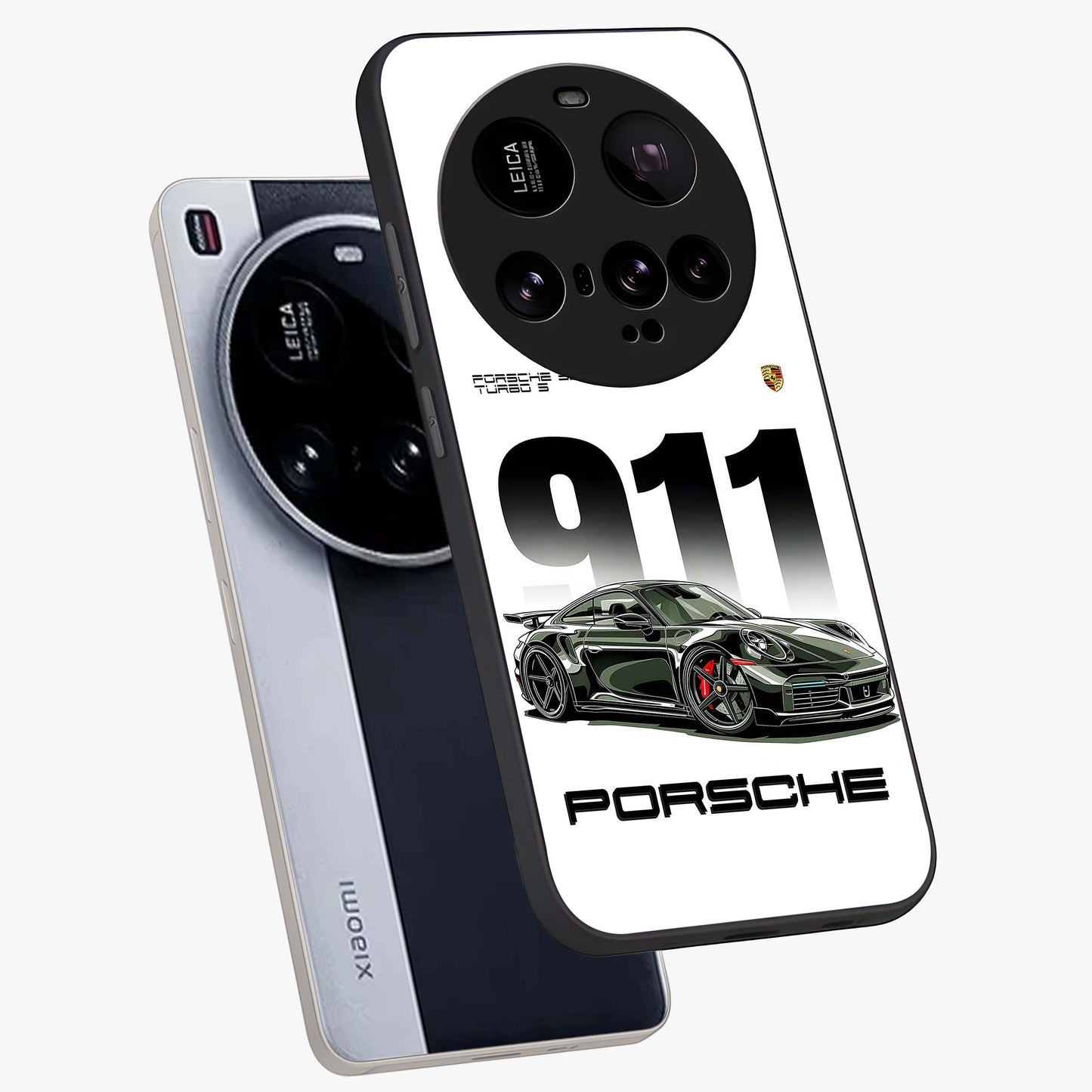911 Turbo Dominance Glass Case displayed in premium angled mockup highlighting sporty car illustration and sleek glass surface.