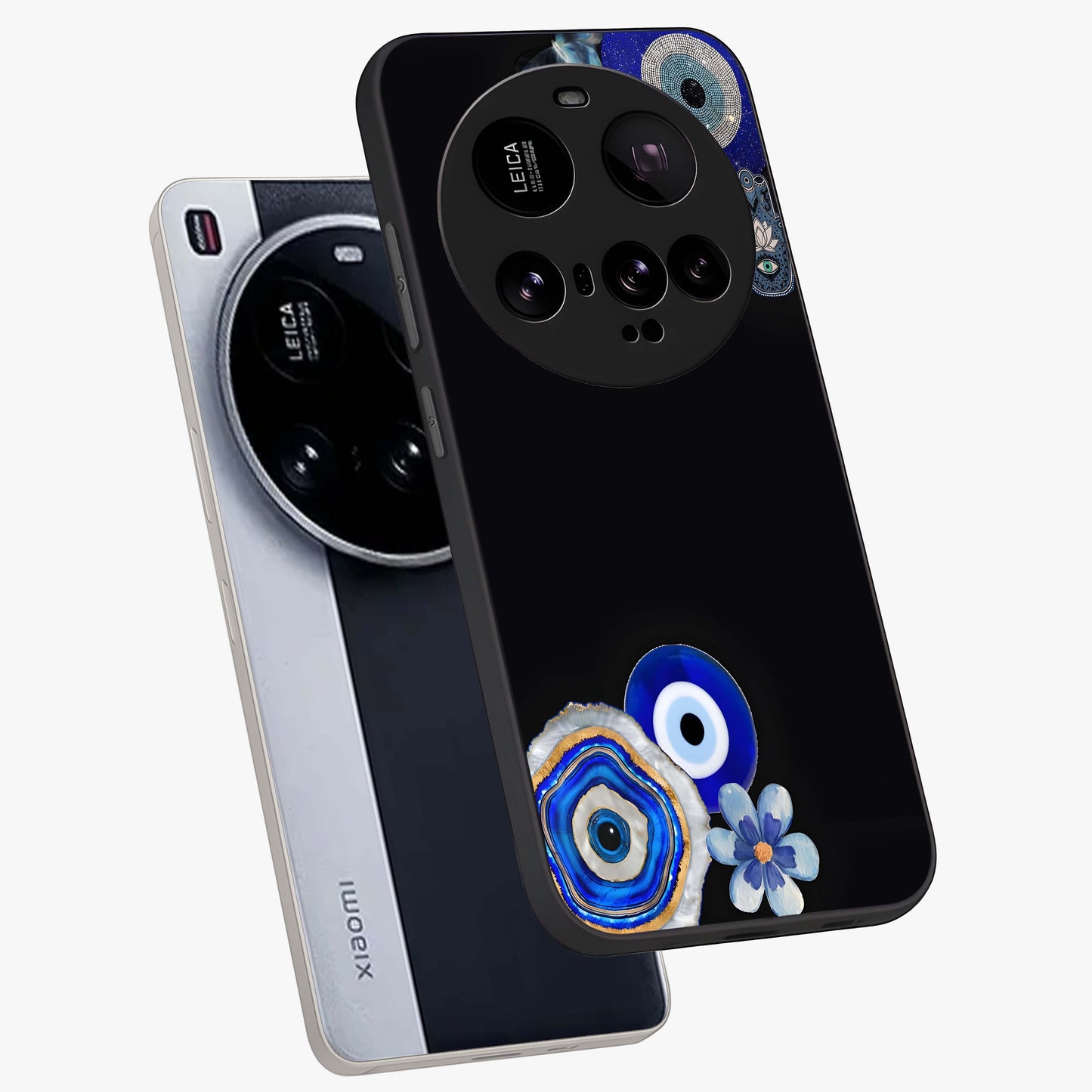 Aesthetic Blue Evil Eye Glass Case displayed in angled mockup highlighting blue evil eye symbol and spiritual aesthetic design.