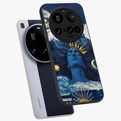 Aesthetic Lord Shiva Glass Case displayed in angled mockup highlighting spiritual Shiva illustration and sacred aesthetic design.