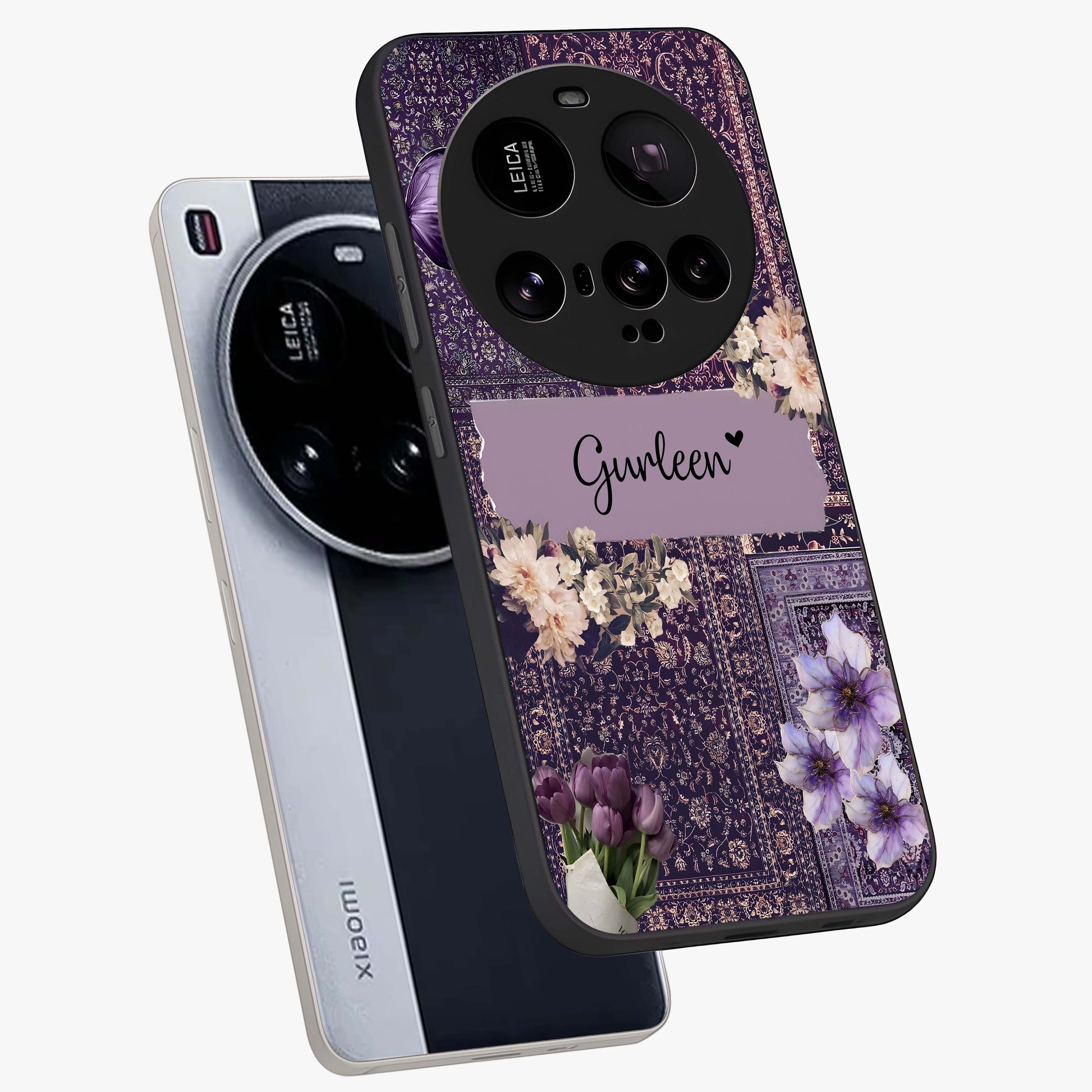 Antique Floral Whisper Custom Name Glass Case displayed in angled mockup highlighting elegant antique floral aesthetic.