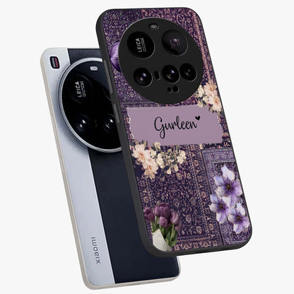Antique Floral Whisper Custom Name Glass Case displayed in angled mockup highlighting elegant antique floral aesthetic.