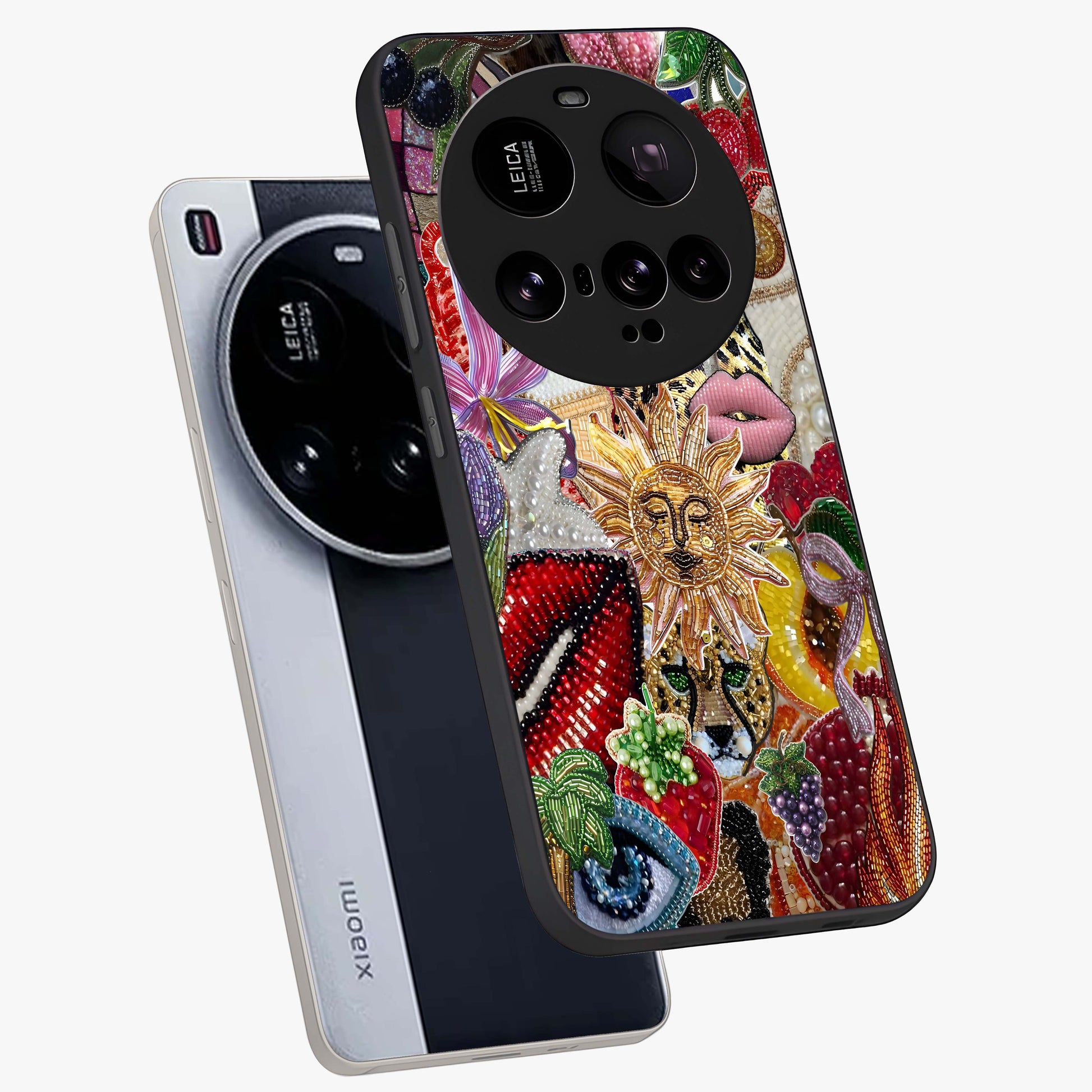 Beaded Fashion Jungle Glass Case displayed in angled mockup highlighting colorful fashion bead design and artistic pattern.
