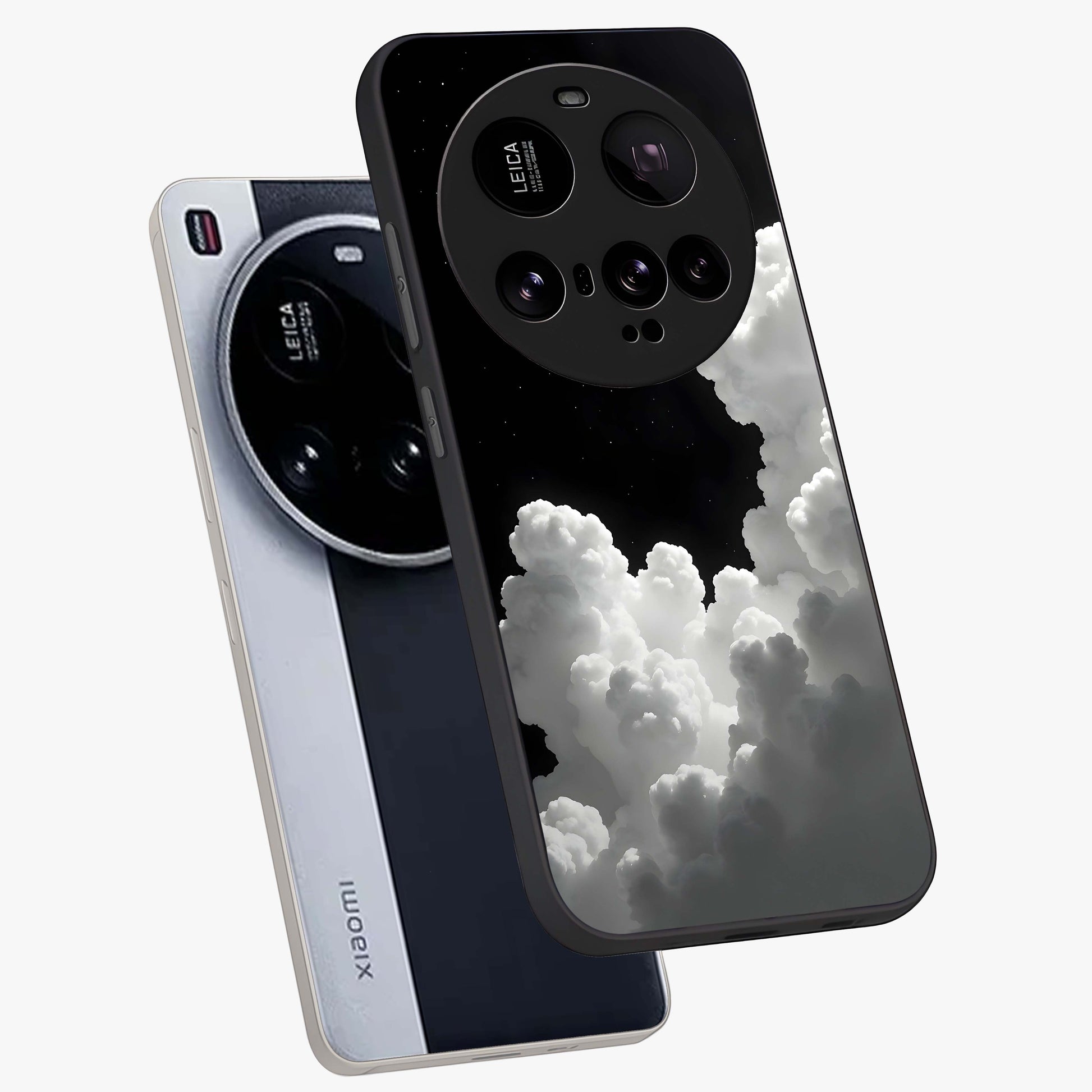 Black Background With White Cloud Glass Case displayed in angled mockup highlighting soft white cloud illustration and minimal design.