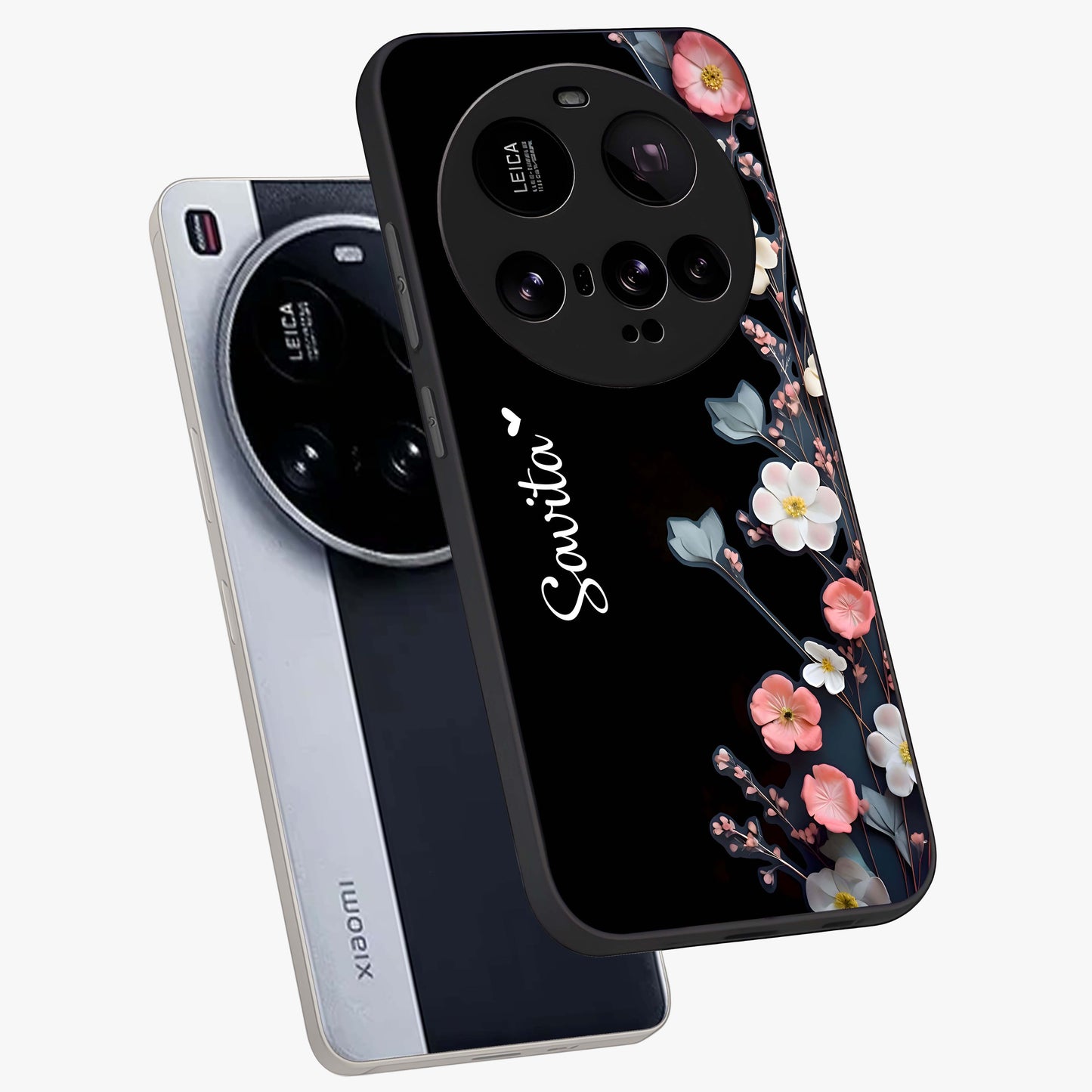 Black Elegance Floral Custom Name Glass Case displayed in angled mockup highlighting dark floral aesthetic and custom name feature.