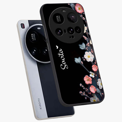Black Elegance Floral Custom Name Glass Case displayed in angled mockup highlighting dark floral aesthetic and custom name feature.