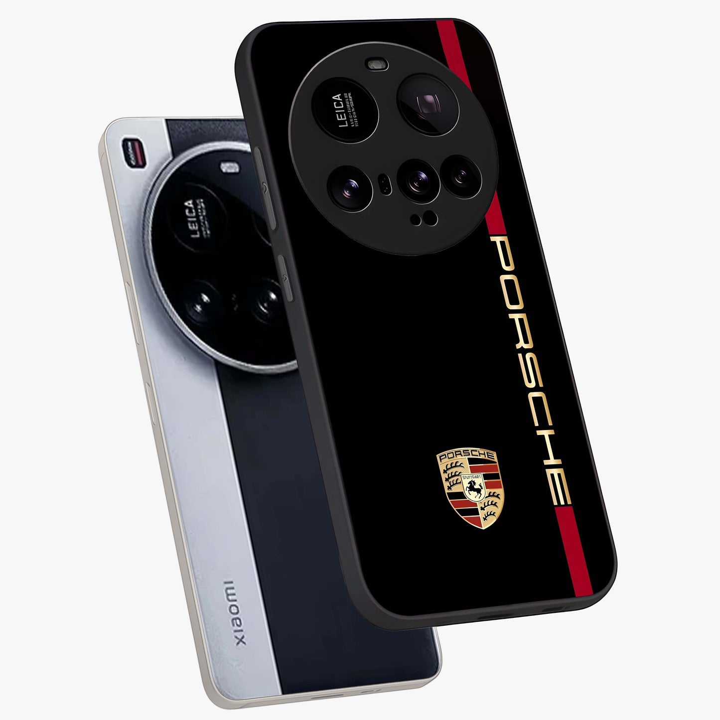 Black Minimal Porsche Glass Case displayed in angled mockup highlighting modern minimal car illustration and clean aesthetic design.
