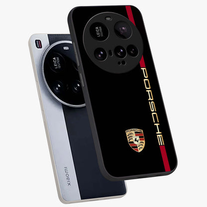 Black Minimal Porsche Glass Case displayed in angled mockup highlighting modern minimal car illustration and clean aesthetic design.