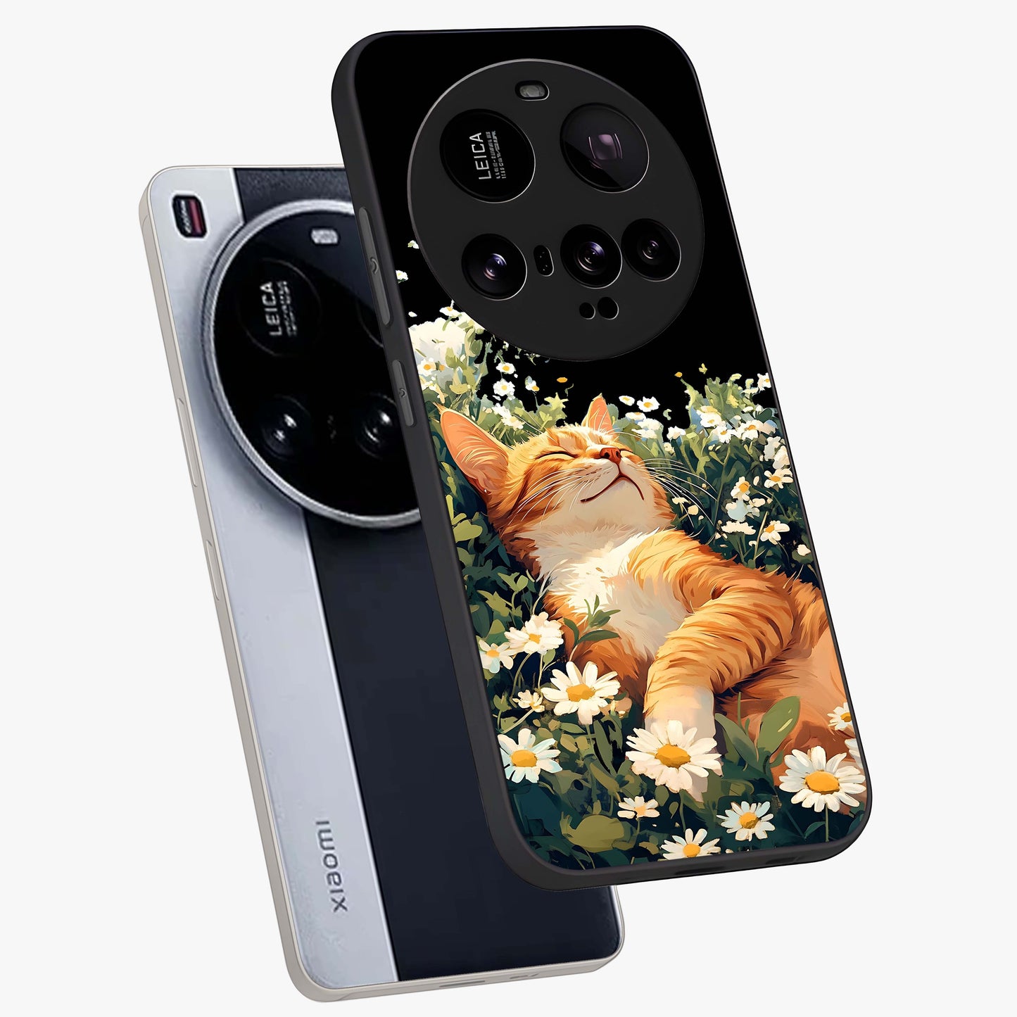 Blissful Bloom Cat Glass Case displayed in angled mockup highlighting playful feline illustration with soft floral aesthetic.