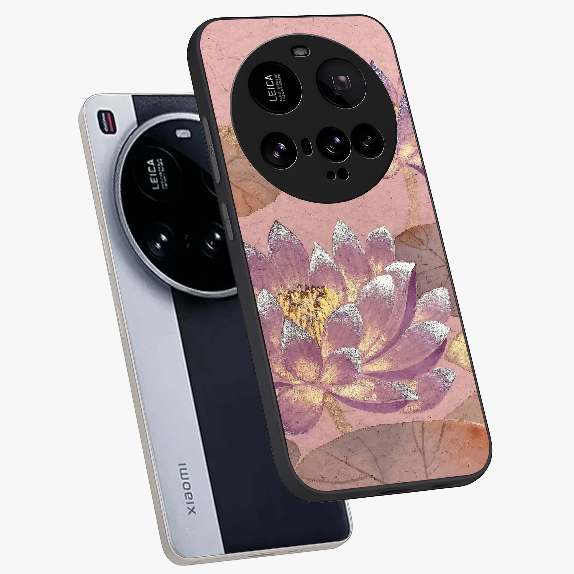 Blossom Mist Lotus Glass Case displayed in angled mockup highlighting delicate lotus illustration with calm aesthetic theme.