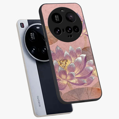 Blossom Mist Lotus Glass Case displayed in angled mockup highlighting delicate lotus illustration with calm aesthetic theme.