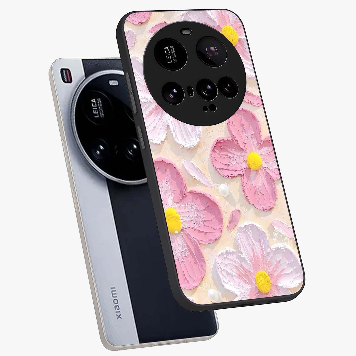 Blush Bloom Texture Glass Case displayed in angled mockup highlighting subtle bloom pattern with aesthetic pastel design.