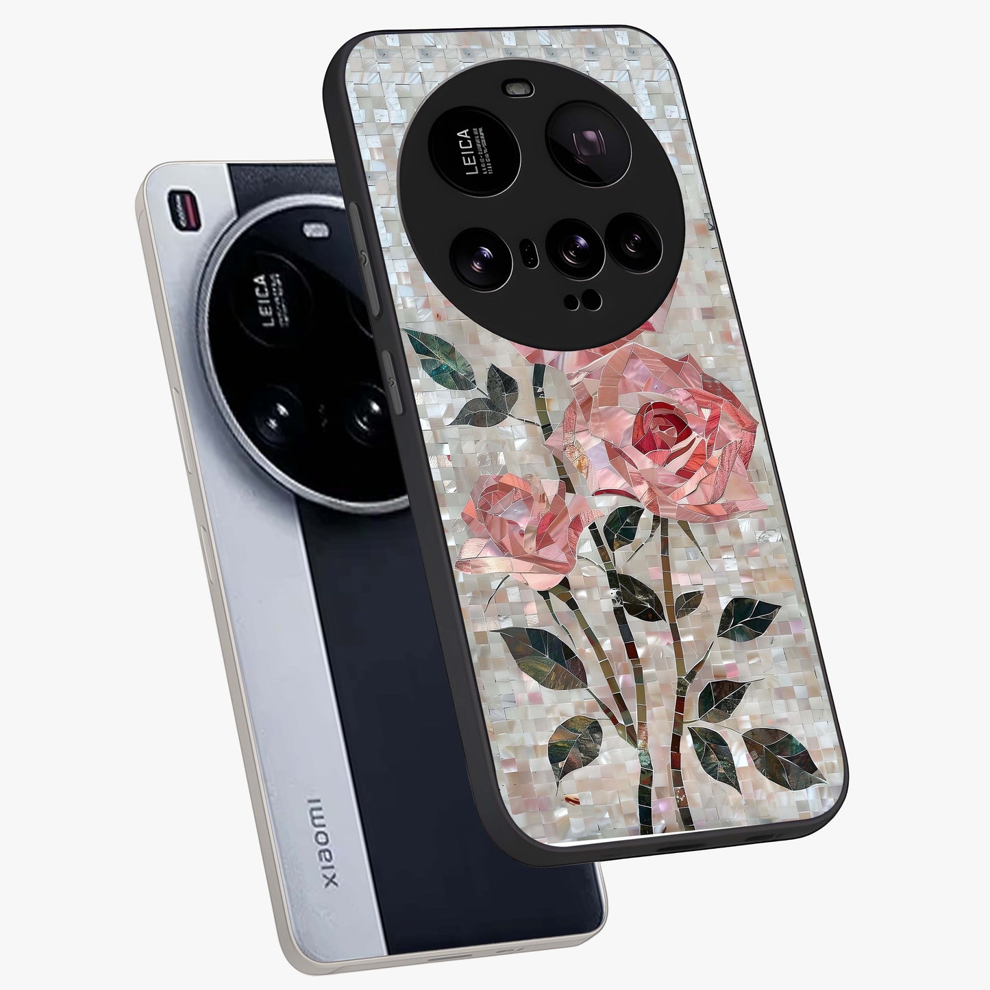 Blush Mosaic Bloom Glass Case displayed in angled mockup highlighting artistic mosaic flower pattern with aesthetic design.