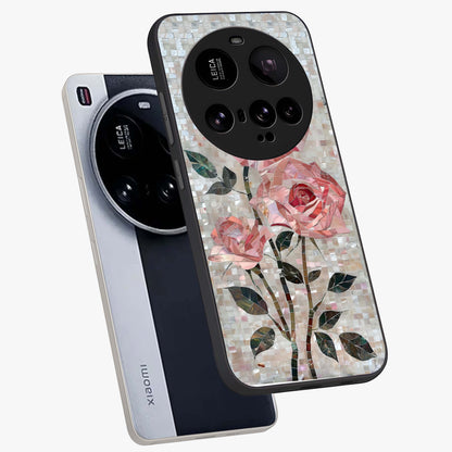 Blush Mosaic Bloom Glass Case displayed in angled mockup highlighting artistic mosaic flower pattern with aesthetic design.