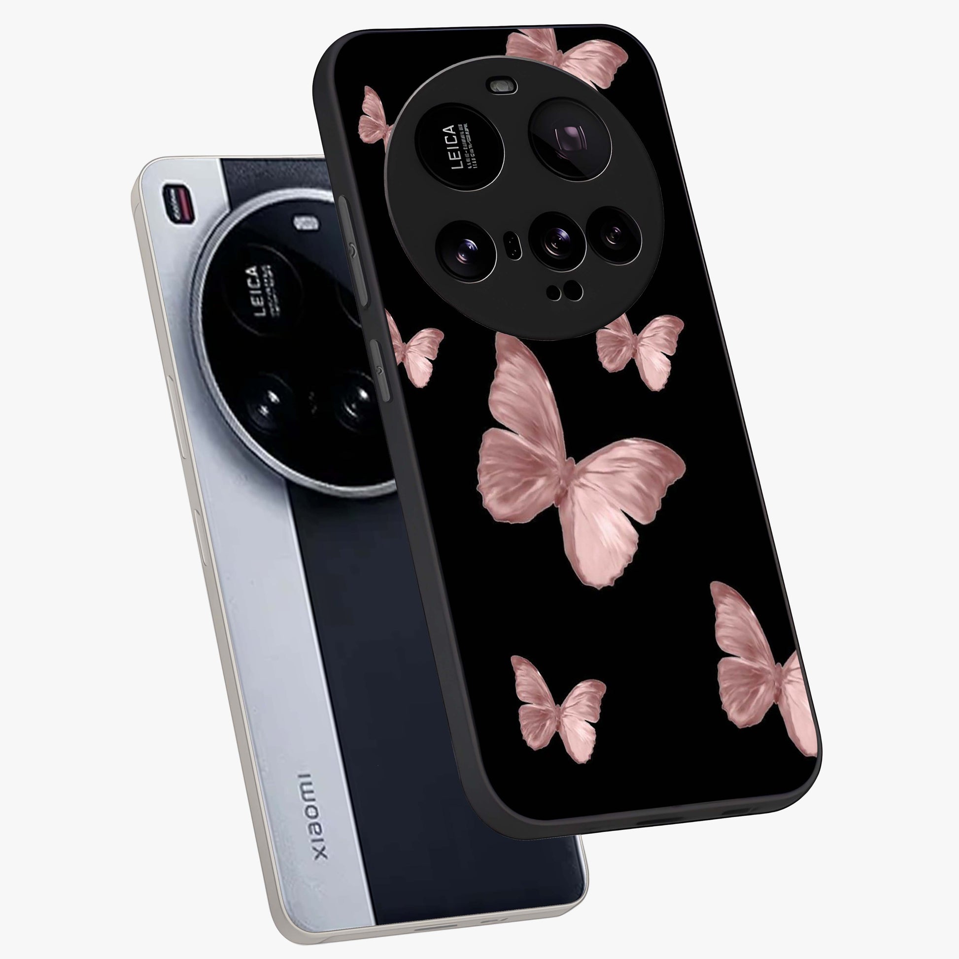 Butterfly Pattern Glass Case displayed in angled mockup highlighting delicate butterfly design and aesthetic pattern style.