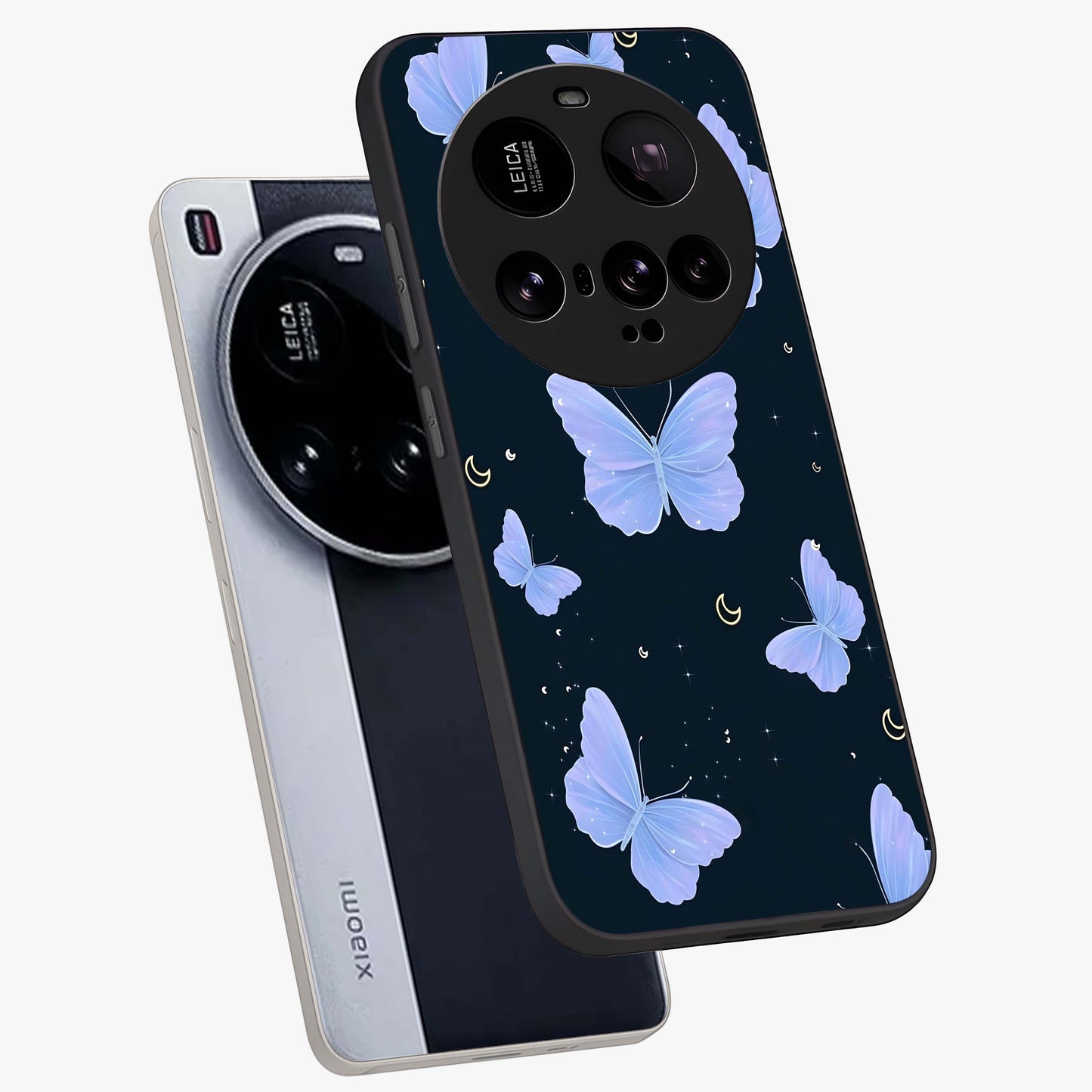 Butterfly With Stars Pattern Glass Case displayed in angled mockup highlighting dreamy butterfly and star design with aesthetic theme.