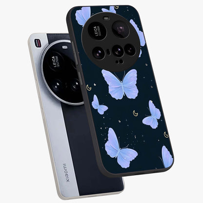 Butterfly With Stars Pattern Glass Case displayed in angled mockup highlighting dreamy butterfly and star design with aesthetic theme.