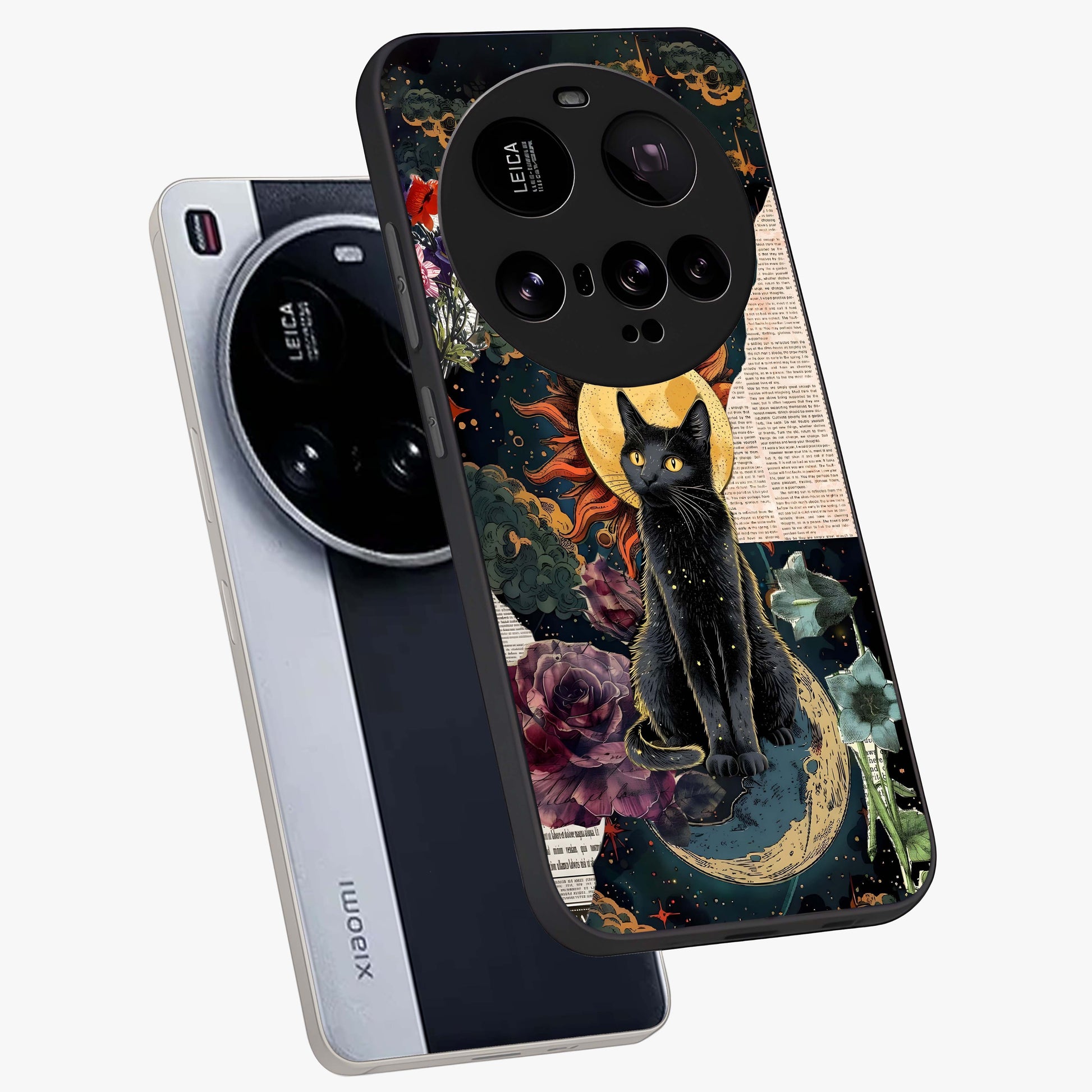 Celestial Black Cat Glass Case displayed in angled mockup highlighting cosmic black cat design with celestial aesthetic.