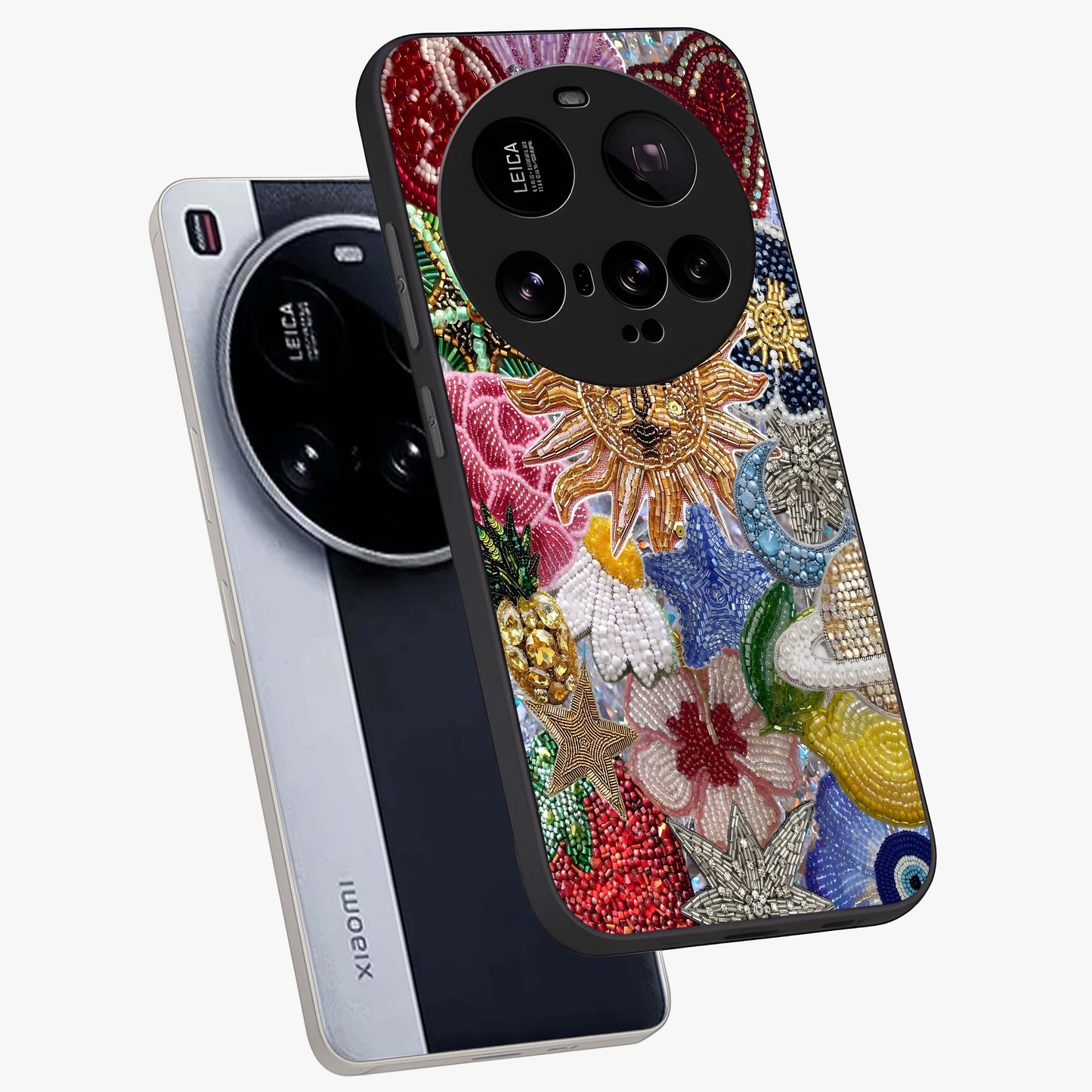 Celestial Floral and Playful Glass Case displayed in angled mockup highlighting playful floral design with dreamy celestial elements.