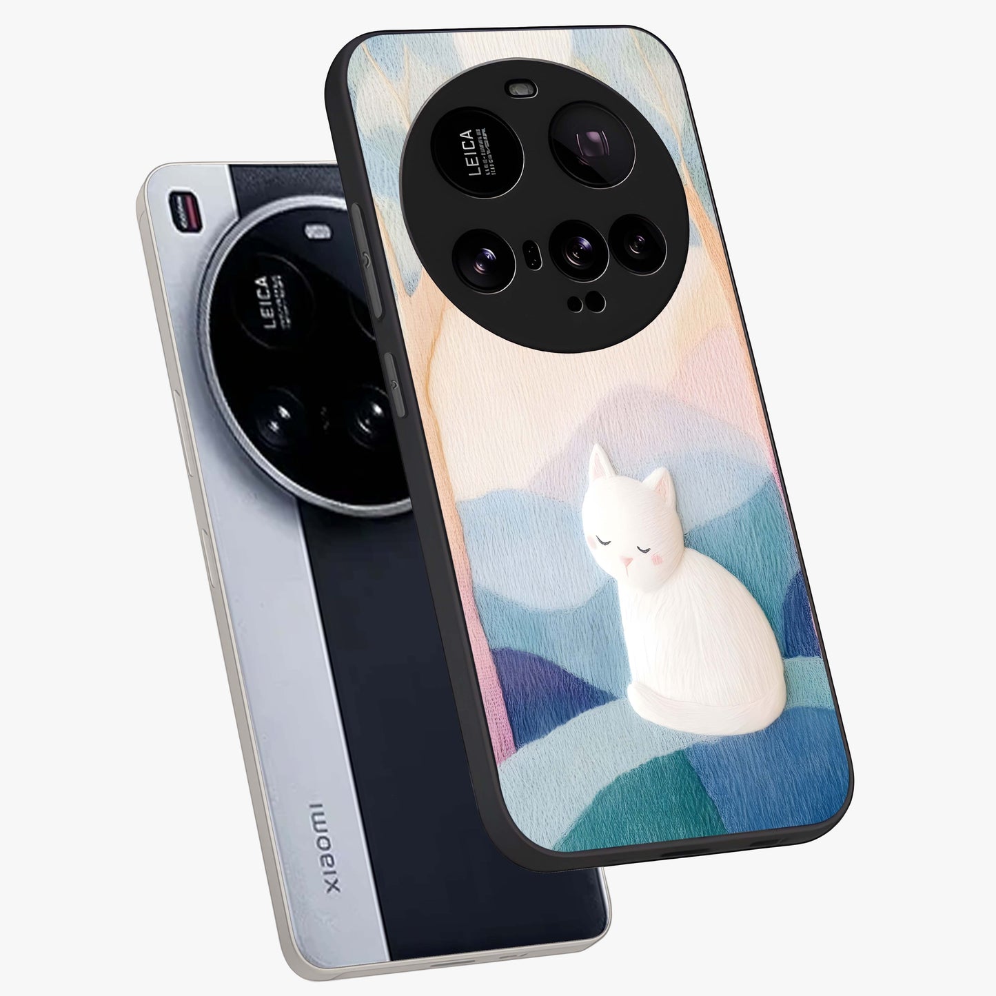 Cotton Dream Cat Glass Case displayed in angled mockup highlighting cute feline illustration with pastel aesthetic style.