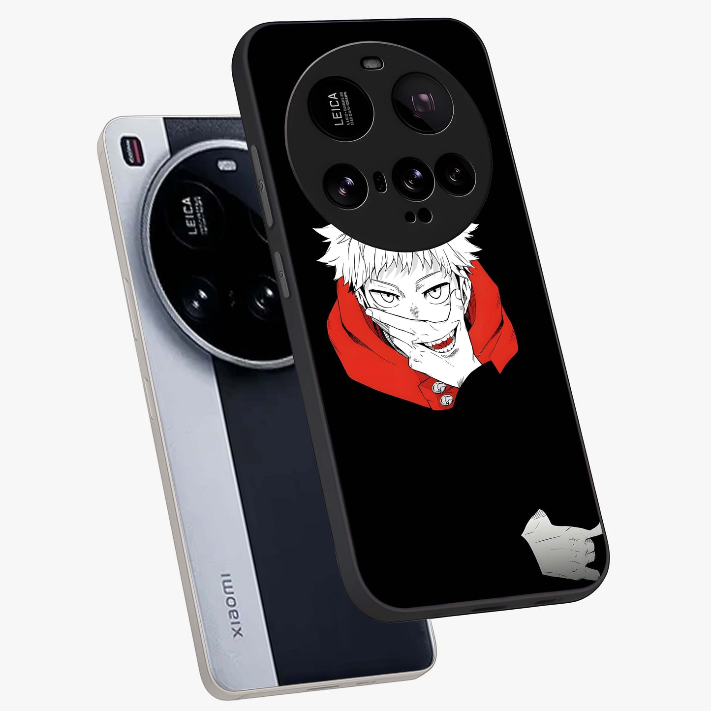Crimson Chaos Smile Glass Case displayed in angled mockup highlighting edgy crimson smile design with graphic aesthetic.