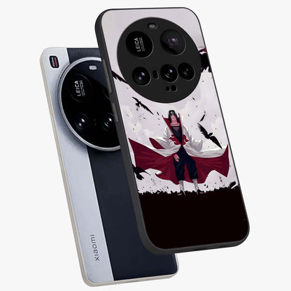 Crimson Crow Ascension Glass Case displayed in angled mockup highlighting powerful crow illustration with dark crimson aesthetic.
