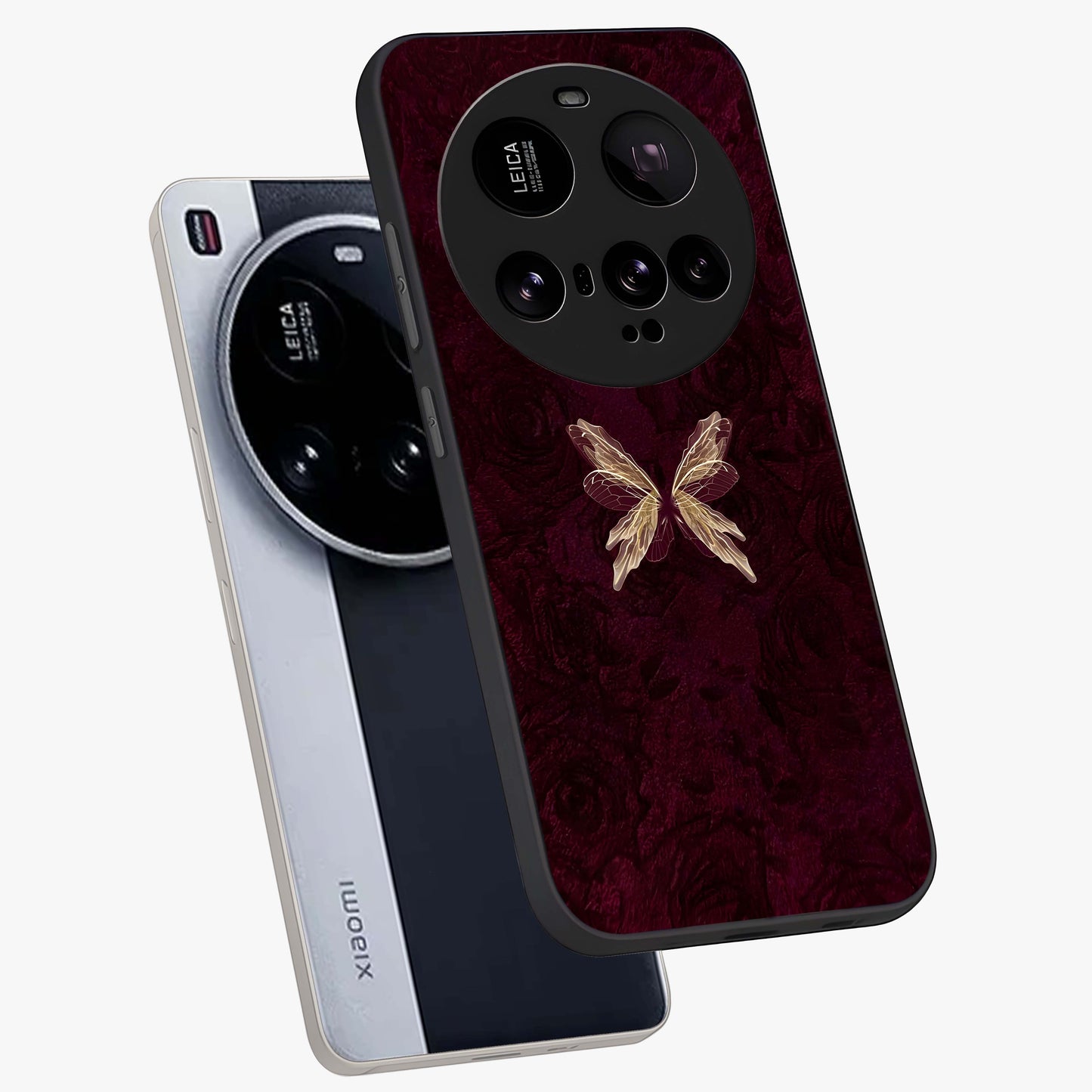Crimson Fade Butterfly Glass Case displayed in angled mockup highlighting elegant butterfly design with crimson gradient aesthetic.