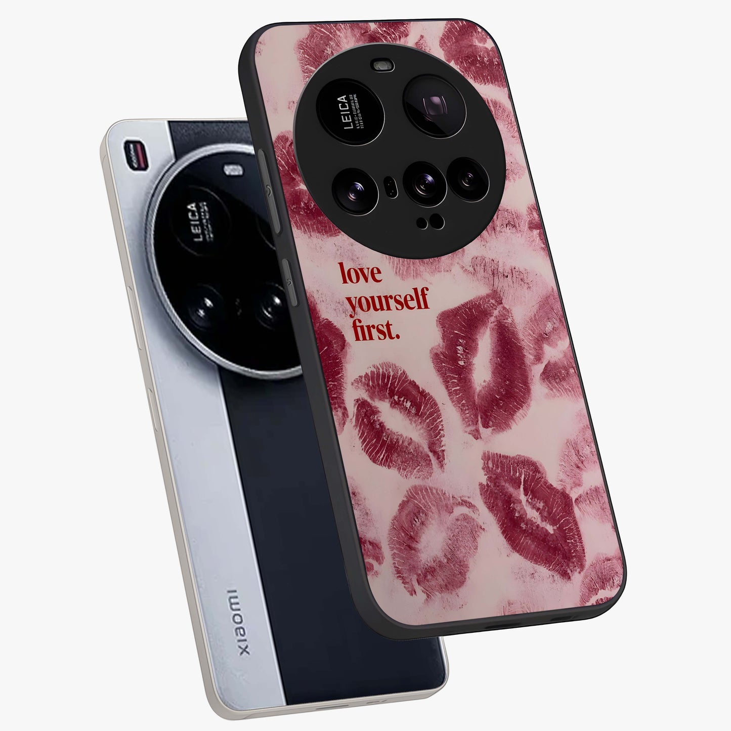 Crimson Kiss Love Glass Case displayed in angled mockup highlighting bold love inspired design with modern aesthetic style.