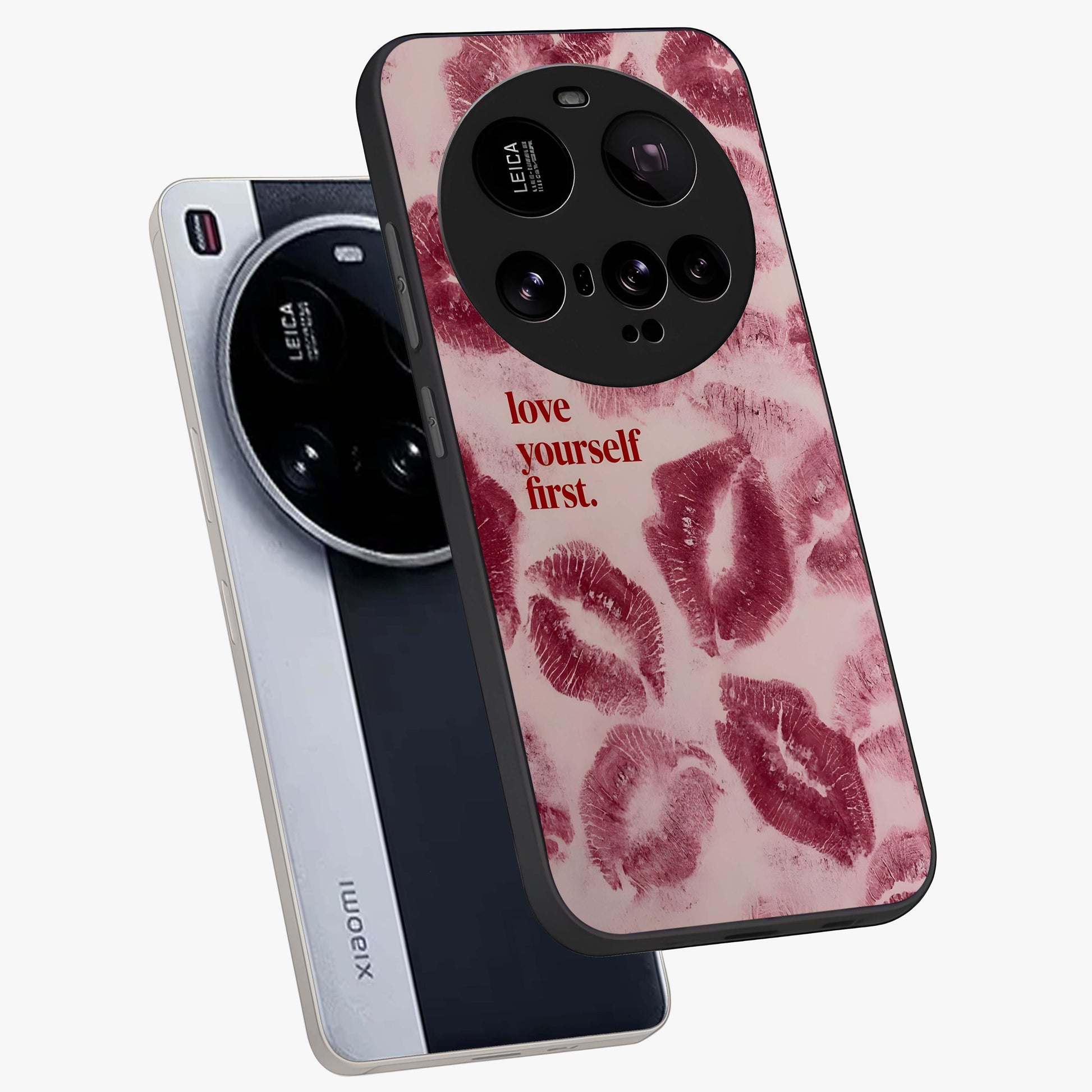 Crimson Kiss Love Glass Case displayed in angled mockup highlighting bold love inspired design with modern aesthetic style.
