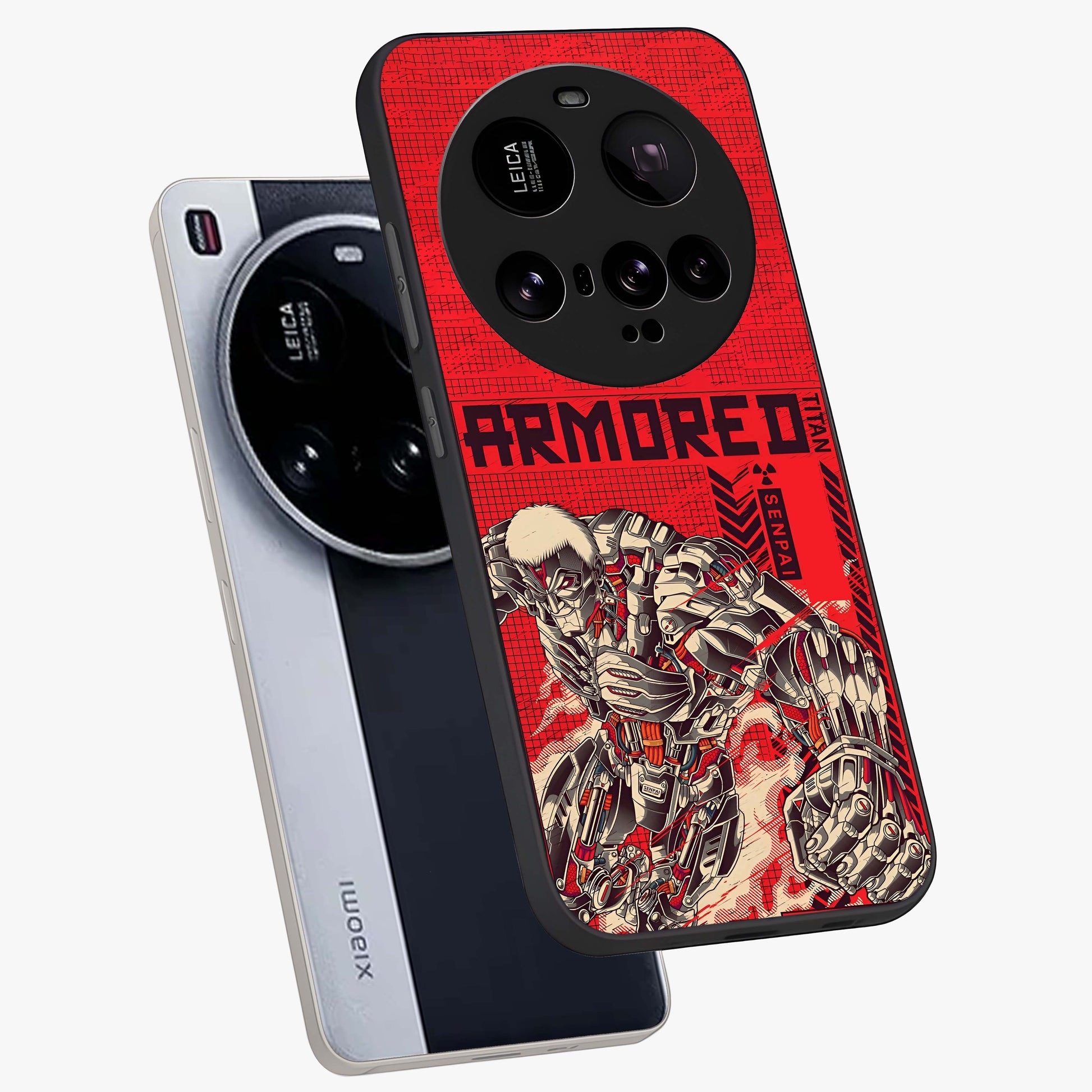 Crimson Mecha Titan Glass Case displayed in angled mockup highlighting futuristic mech illustration with bold crimson aesthetic.