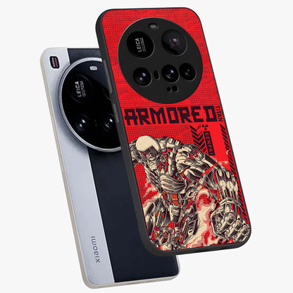 Crimson Mecha Titan Glass Case displayed in angled mockup highlighting futuristic mech illustration with bold crimson aesthetic.