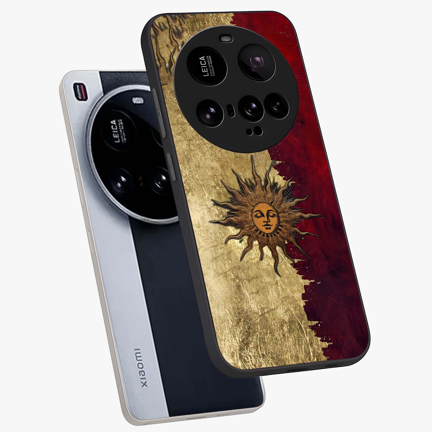 Crimson Sun Majesty Glass Case displayed in angled mockup highlighting majestic crimson sun design with bold aesthetic style.