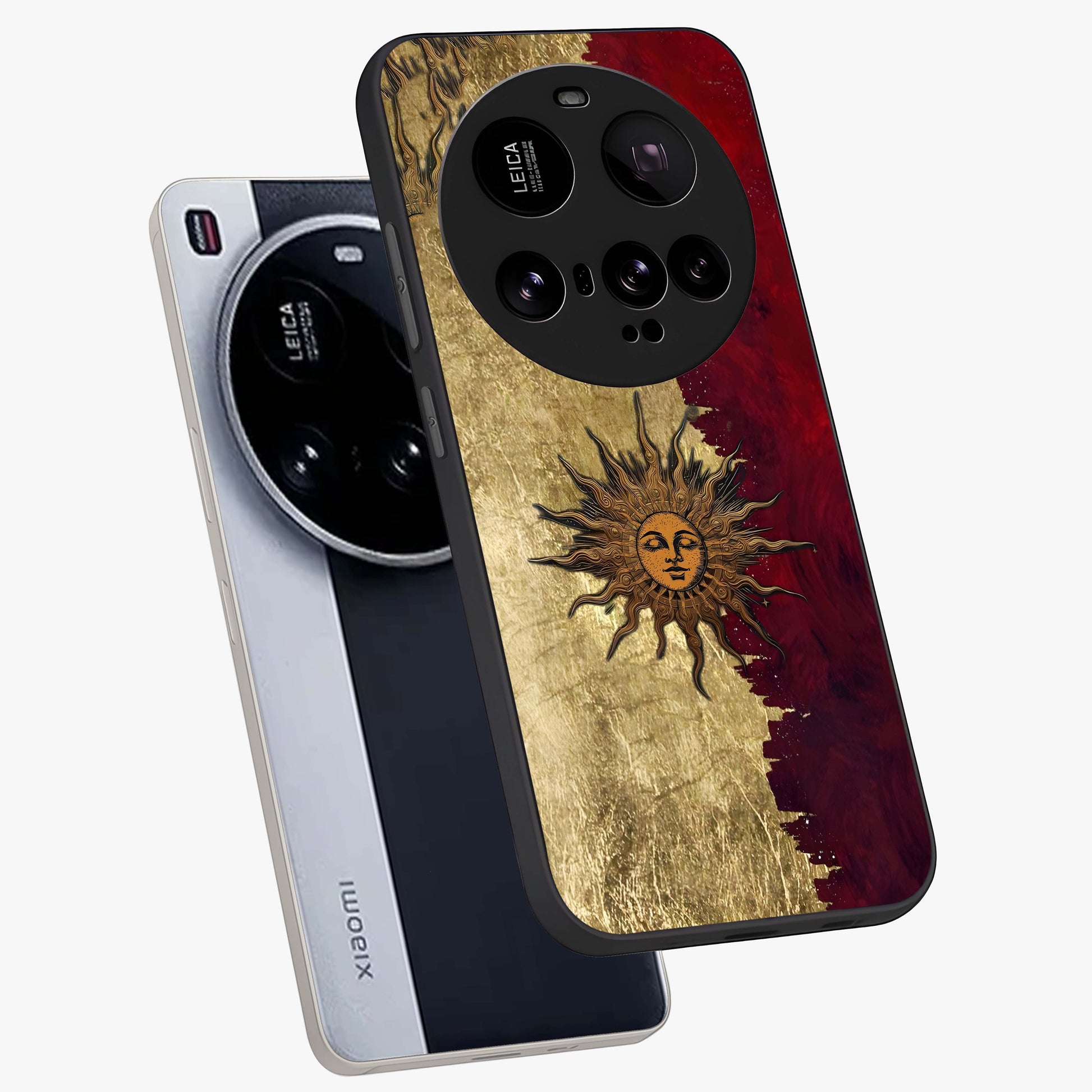 Crimson Sun Majesty Glass Case displayed in angled mockup highlighting majestic crimson sun design with bold aesthetic style.