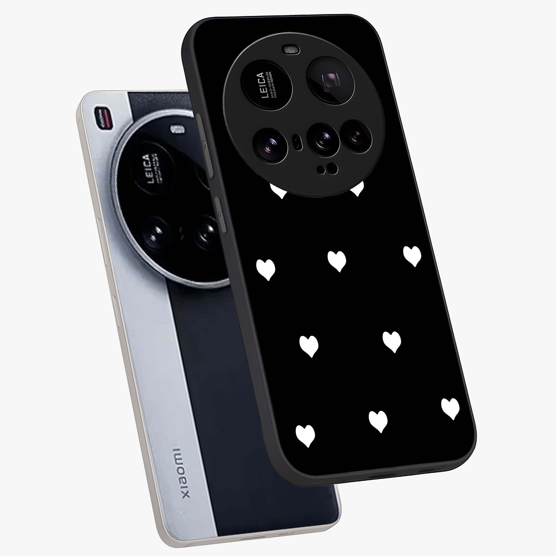 Cute And Simple White Hearts Glass Case displayed in angled mockup highlighting cute heart design with clean aesthetic style.