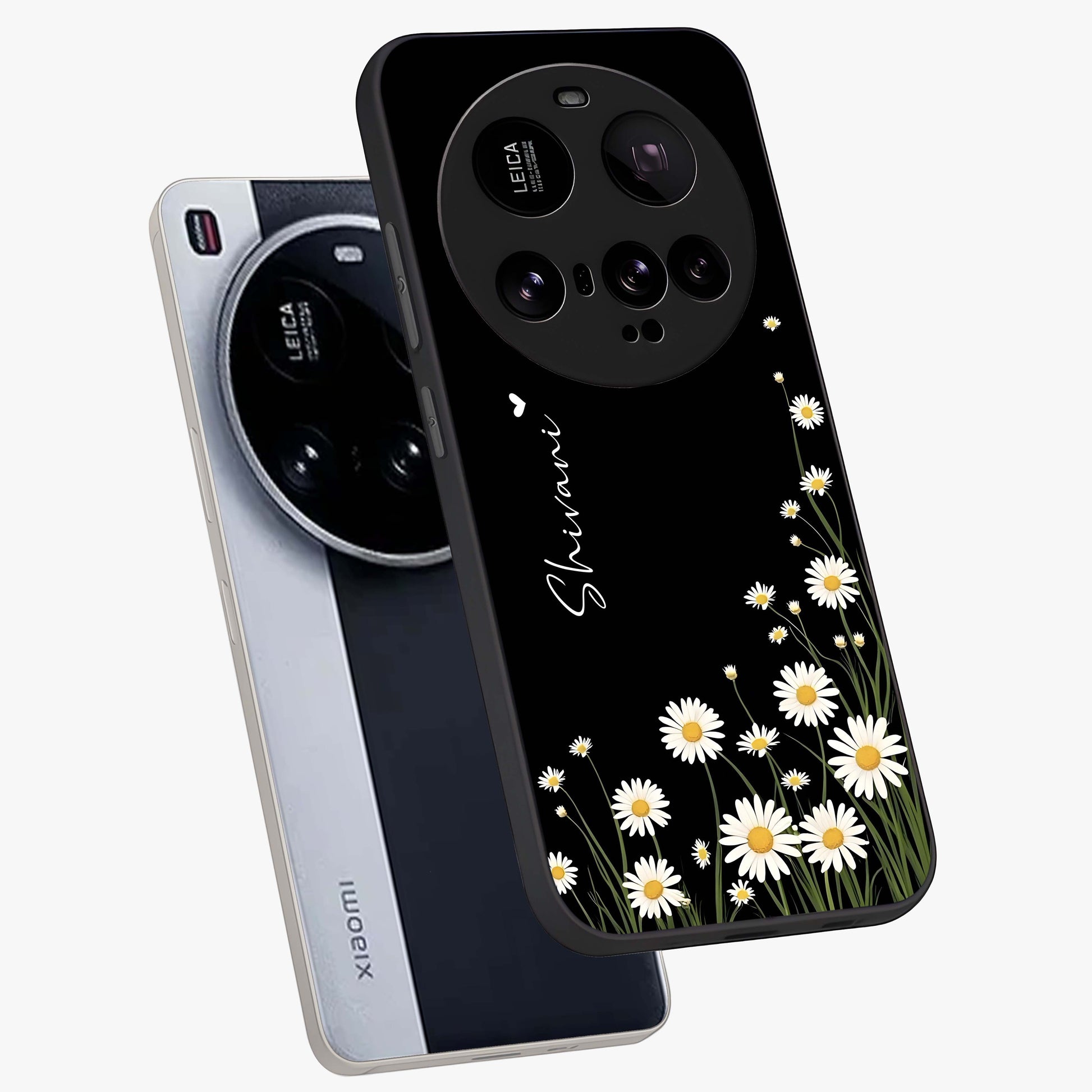 Daisy Cascade Custom Name Glass Case displayed in angled mockup highlighting delicate daisy artwork with custom name feature.