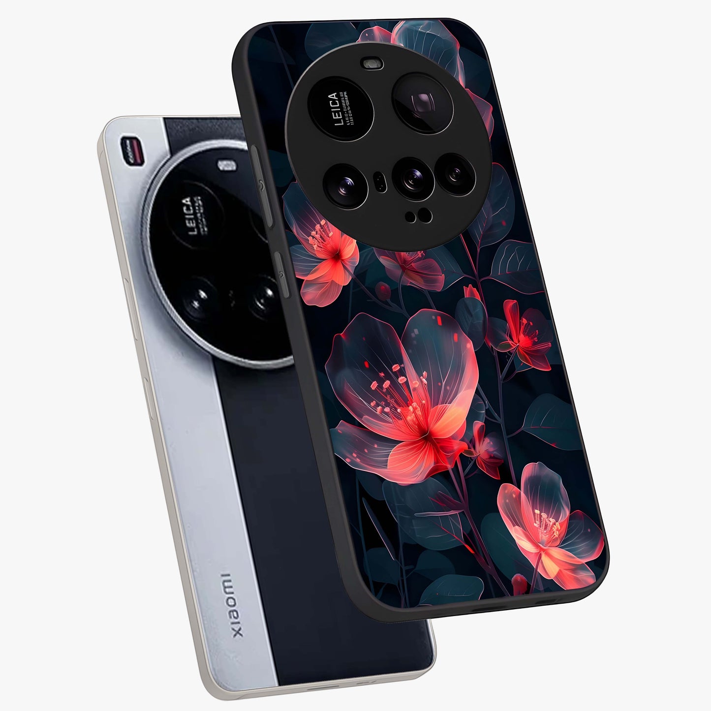 Dark Shade of Flower Glass Case displayed in angled mockup highlighting moody floral illustration with aesthetic dark tones.