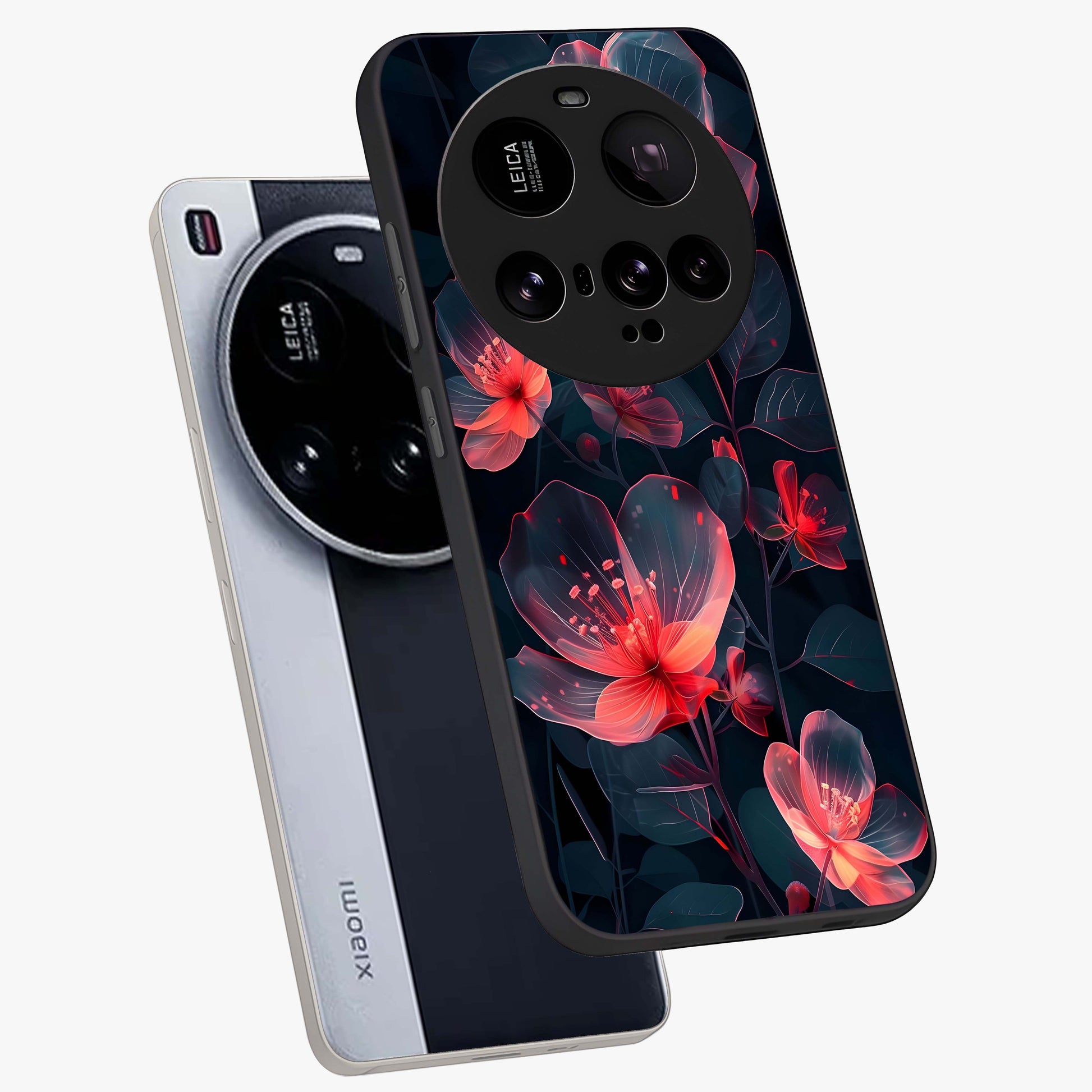 Dark Shade of Flower Glass Case displayed in angled mockup highlighting moody floral illustration with aesthetic dark tones.