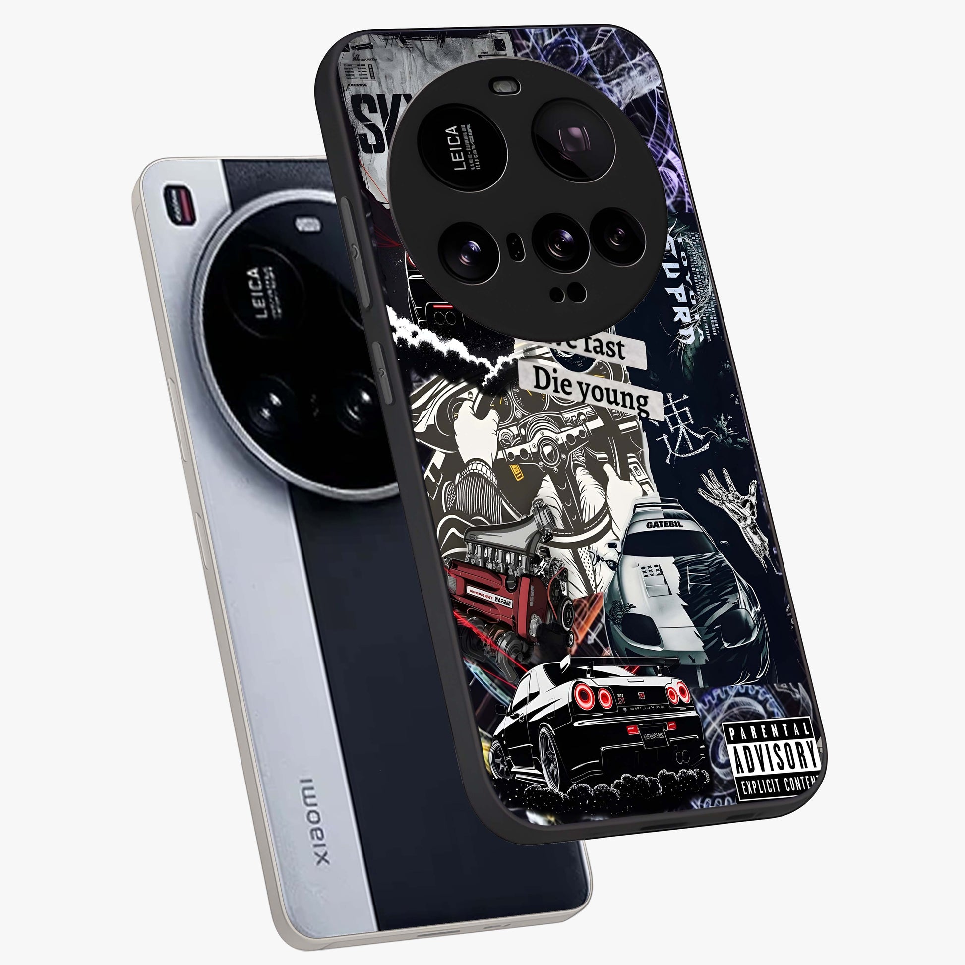 Die Young Glass Case displayed in angled mockup highlighting expressive graphic artwork with edgy aesthetic style.