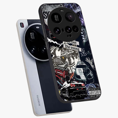 Die Young Glass Case displayed in angled mockup highlighting expressive graphic artwork with edgy aesthetic style.