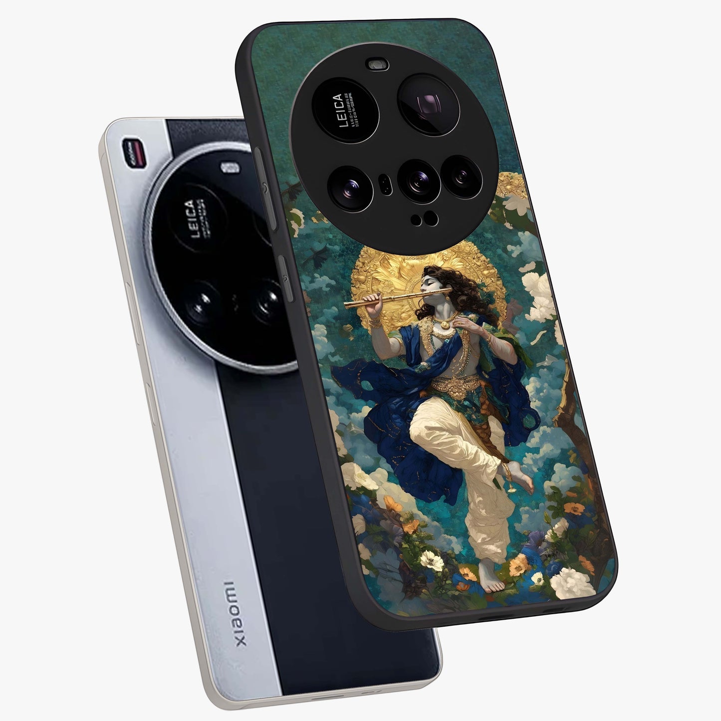Divine Krishna Art Glass Case displayed in angled mockup highlighting spiritual Krishna illustration with devotional aesthetic.
